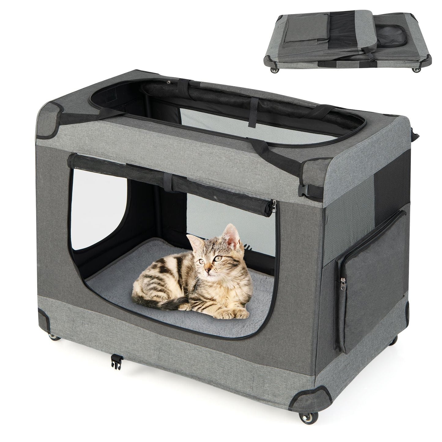 3-Door Folding Cat Carrier with Wheels and Removable Mat – Exclusive, Spacious, and Convenient Pet Transport