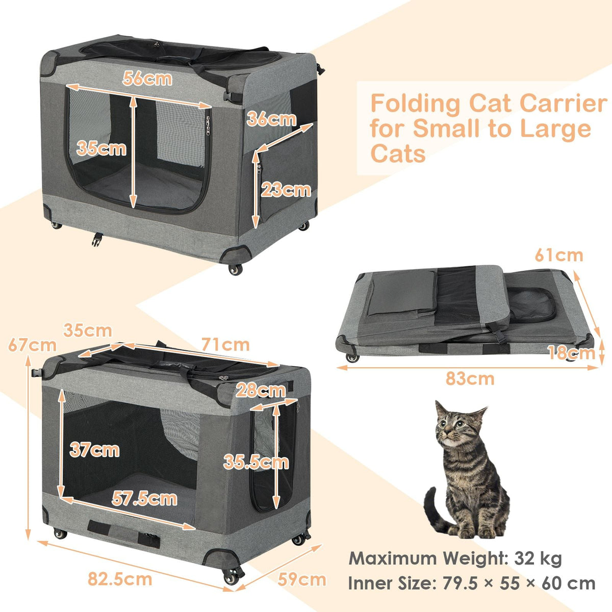 3-Door Folding Cat Carrier with Wheels and Removable Mat – Exclusive, Spacious, and Convenient Pet Transport