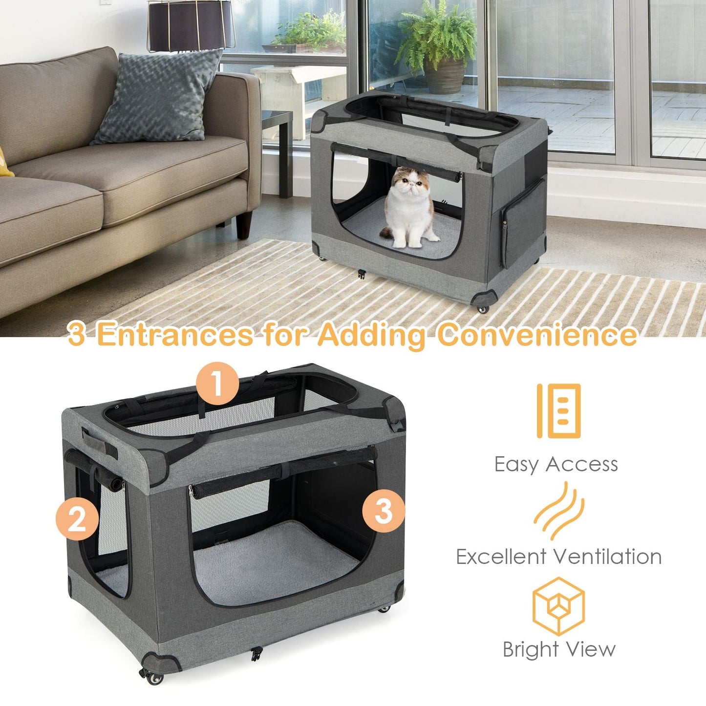 3-Door Folding Cat Carrier with Wheels and Removable Mat – Exclusive, Spacious, and Convenient Pet Transport